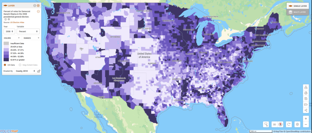 Map of United States shows the percent of votes for Barack Obama in the 2008 presidential general election